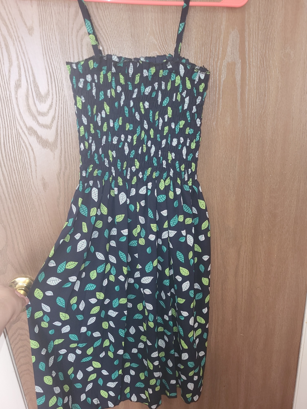 Blue Leaf-Print Sundress with Green and White Accents